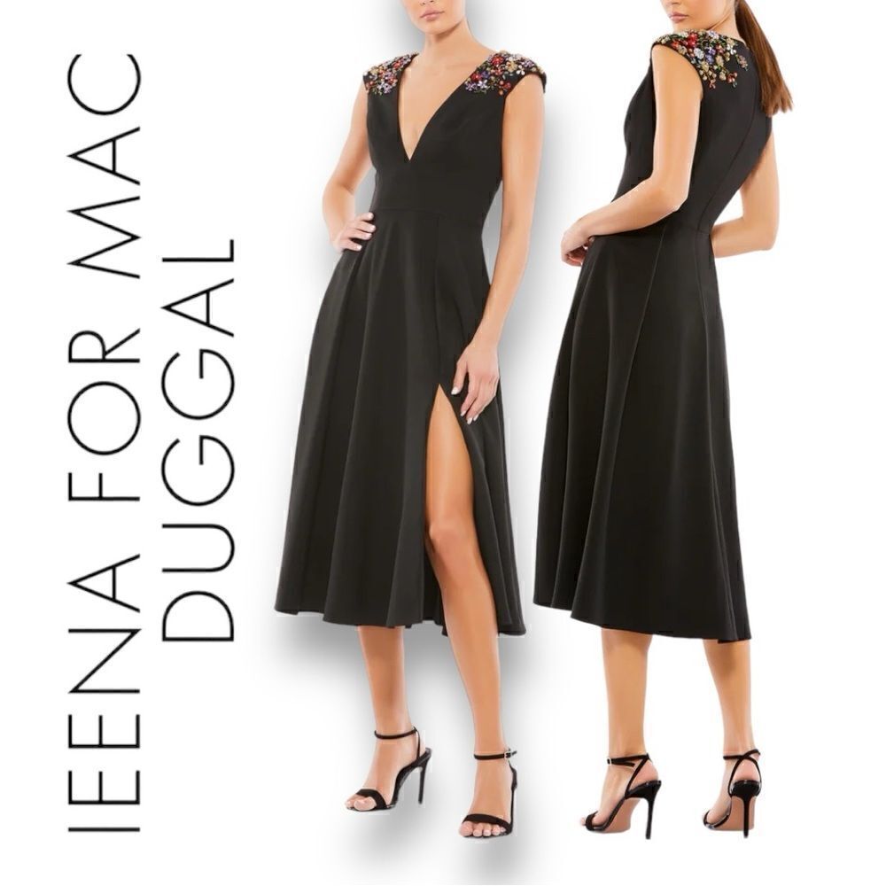 MAC DUGGAL Ieena by Mac Duggal Beaded Cap Sleeve A-Line MIDI Dress in the Size 2